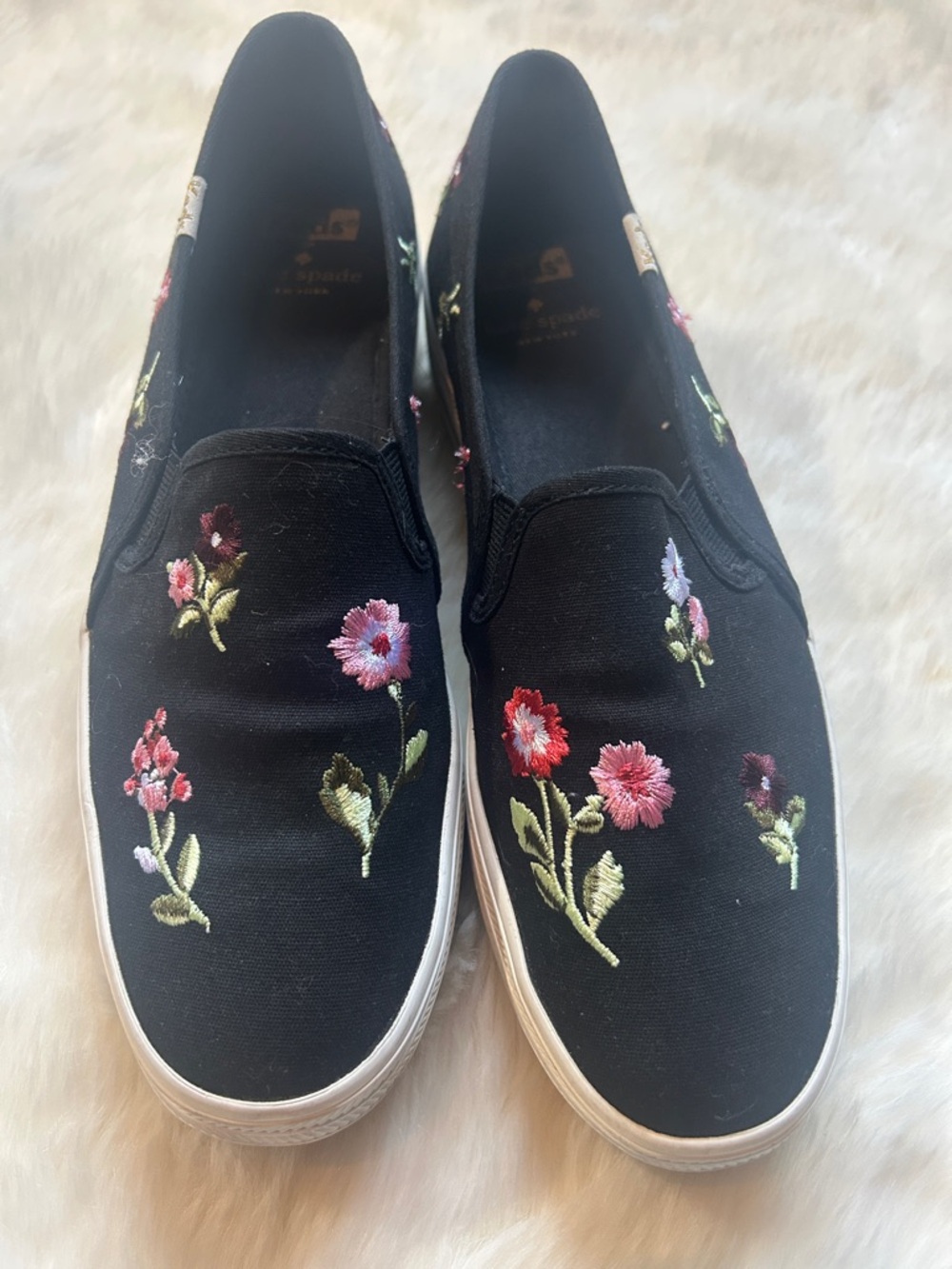 kate spade Black Canvas Floral Embroidered Slip-On Mules